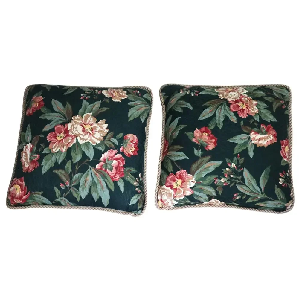 SET of 2 Vintage Green Pink Floral Pillows LARGE Cord edge Square Cottagecore